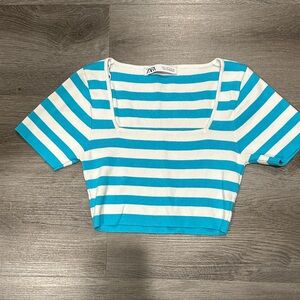 Zara Turquoise and White Striped Crop Top